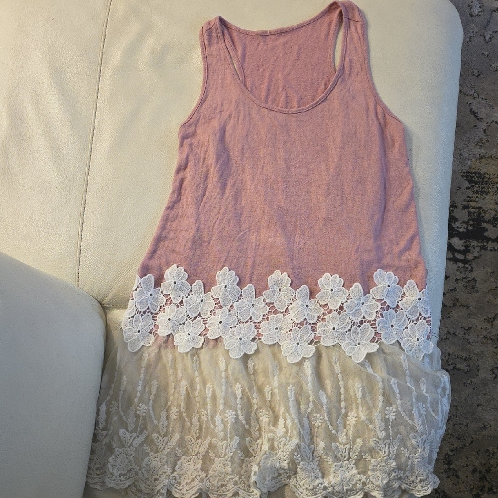 Pink Tank Top with Lace Hem